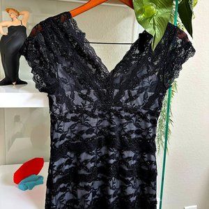 sold ~ Marina Black Lace Short Sleeve V-Neck Knee Length Dress